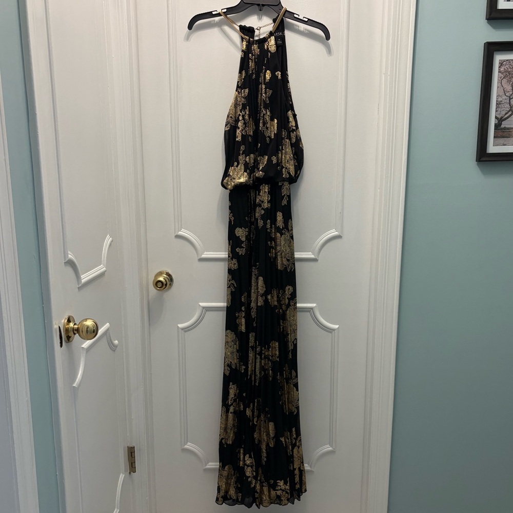 Black and gold halter maxi dress